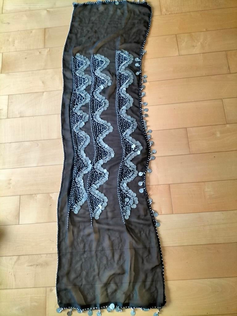 Zwarte Buikdans Sjaal met Muntjes - 150 x 42 cm, Ophalen of Verzenden, Zo goed als nieuw, One size fits all