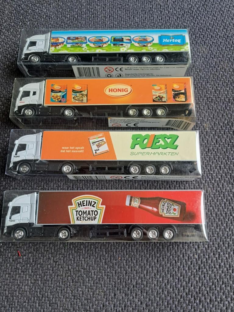 4 x 1:87 modelvrachtwagen met reclame scania 1040, Overige merken, Gebruikt, Ophalen of Verzenden, N.b