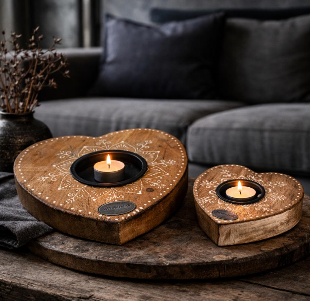 Riverdale Set van 2 houten hartvormige theelichthouders, Bruin, Nieuw, Ophalen of Verzenden, Hout