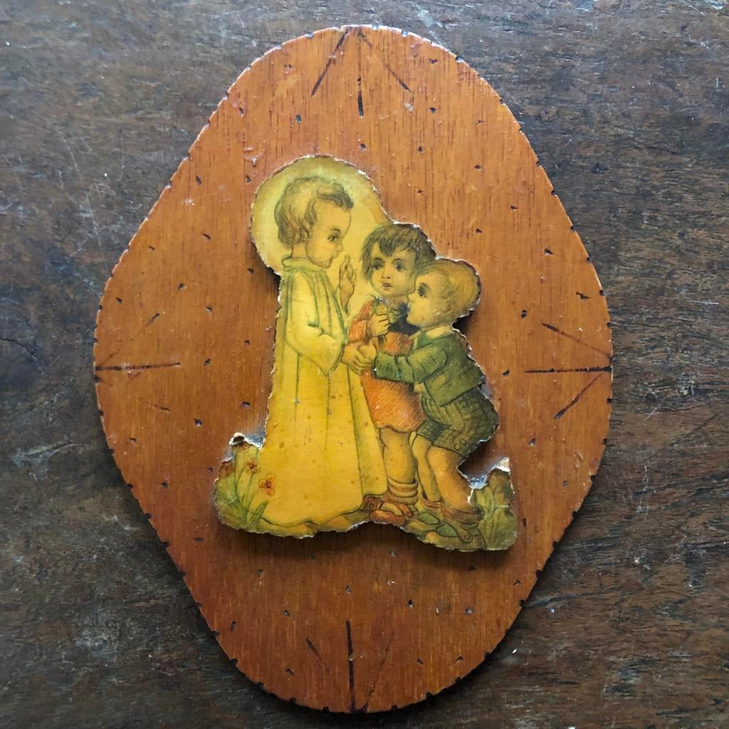 Vintage houten plaquette met religieuze afbeelding, Ophalen of Verzenden
