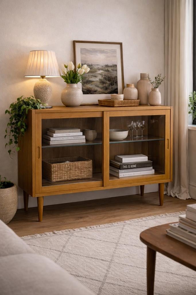 Vintage Mid-Century Deense vitrinekast met verlichting, Ophalen, 100 tot 150 cm, X, Minder dan 100 cm