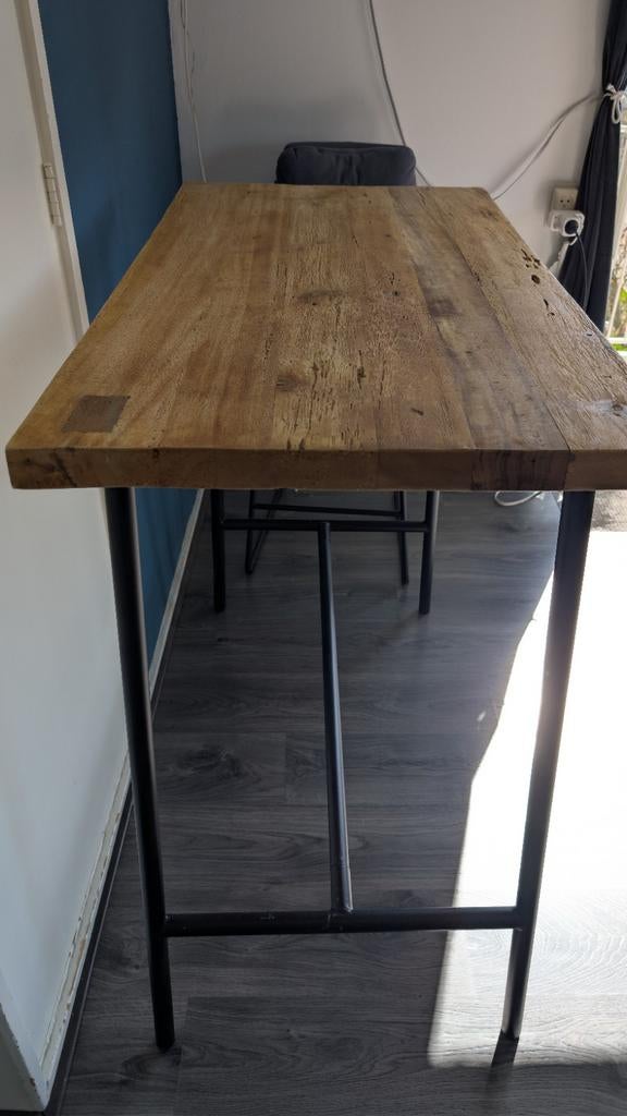 Bartafel met 4 barstoelen - Houten blad en metalen frame, Ophalen, Gebruikt, 100 tot 150 cm, 50 tot 100 cm