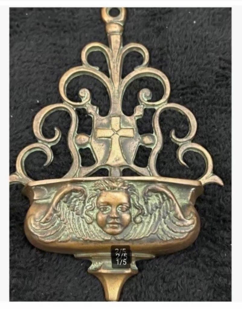 Antiek koperen wijwater bak, kruis, Engel, zwaar, 22 x 14 cm, Antiek en Kunst, Ophalen of Verzenden