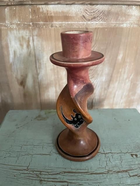 Vintage speksteen kandelaar afrika / kenia. Handgeschilderd., Ophalen, Koper of Brons