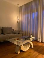 Travertin look salontafel met glas plaat, Ophalen, Gebruikt, 100 tot 150 cm, 50 tot 75 cm