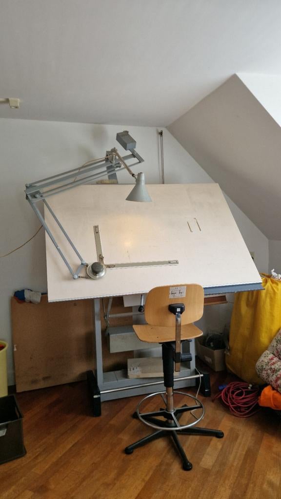 Vintage L. Sautereau Tekentafel met Isis-arm - Industrieel, Ophalen, Gebruikt, 130 tot 150 cm, Verlichting