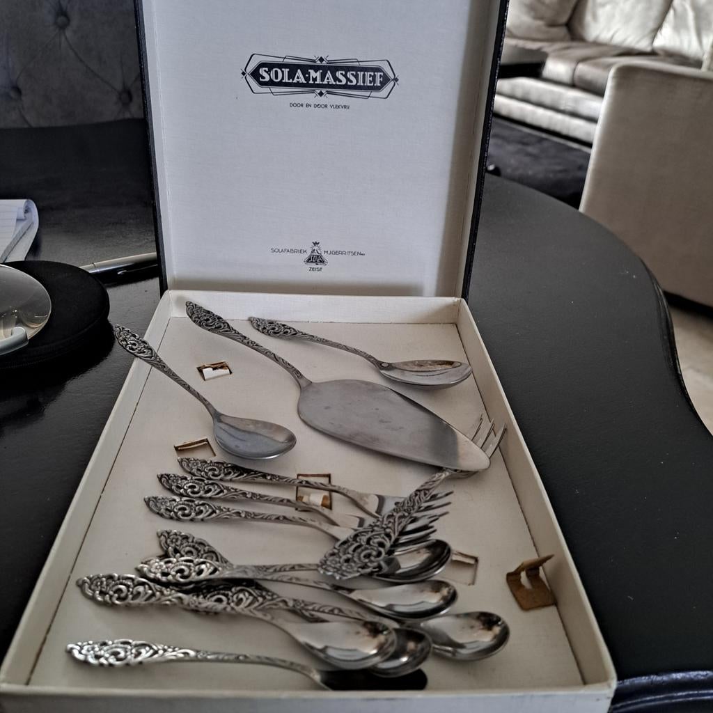 Sola Massief Bestekset - Vintage Gebaksservies, Antiek en Kunst, Antiek | Bestek, Ophalen of Verzenden