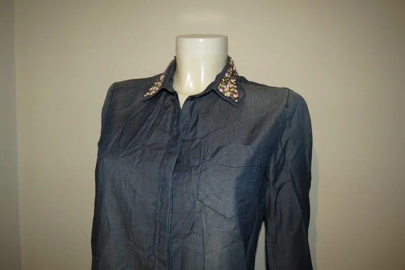 Marccain jeans look blouse kraag met stenen werk kleur N2, Zo goed als nieuw, Maat 36 (S), Marccain, Verzenden