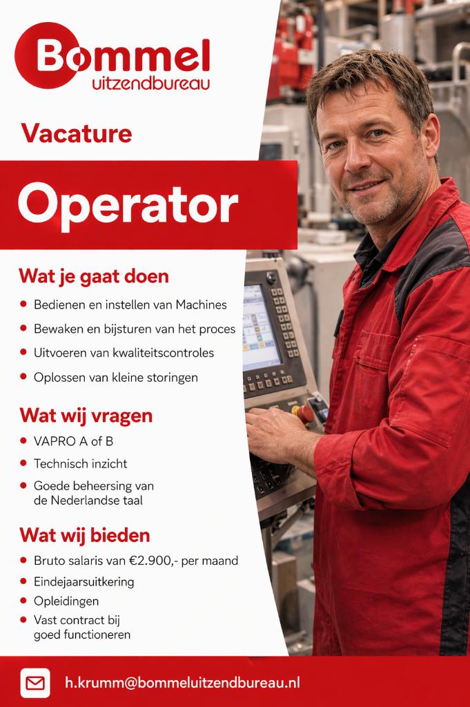 Operator, Vacatures, 33 - 40 uur, MBO, Vanaf 1 jaar, Vast contract