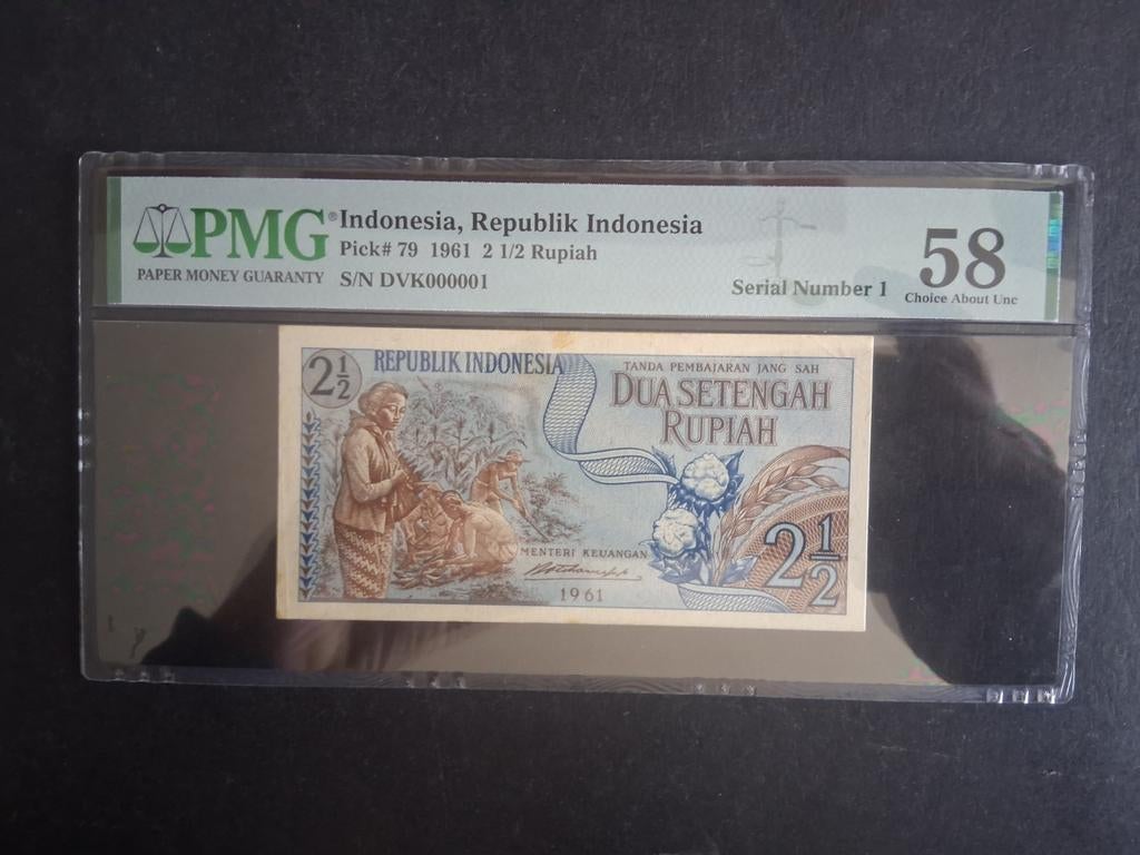 2,5 Rupiah Indonesië 1961 PMG58 SERIE NUMMER 000001, Ophalen of Verzenden, Zuidoost-Azië, Los biljet