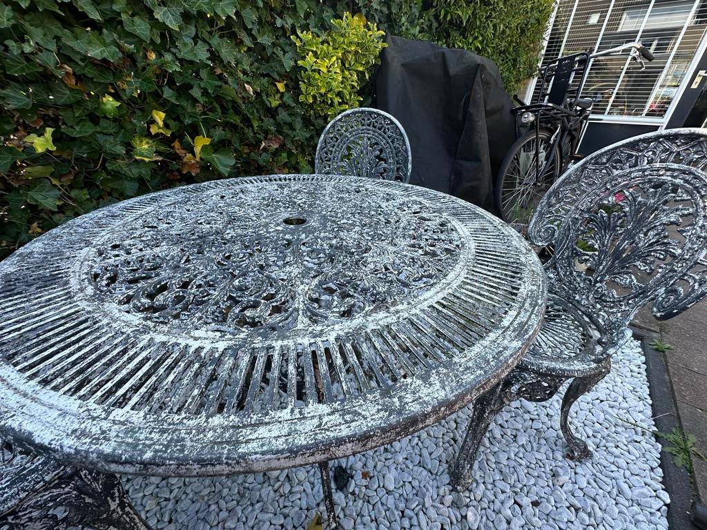 Gietijzeren tuinset met 4 stoelen, Tuin en Terras, Ophalen, Gebruikt, Eettafel, Tuinset