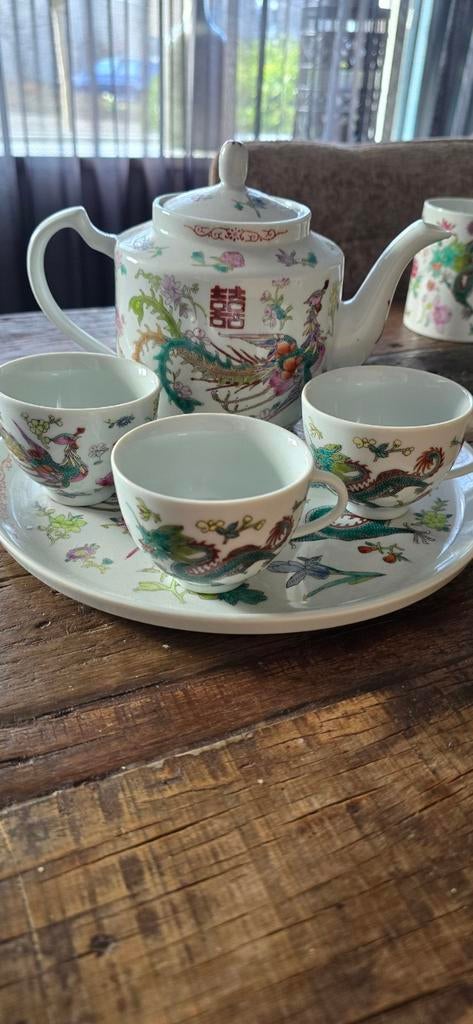 Prachtig Antiek Chinees Theeservies met Drakenmotief, Ophalen of Verzenden