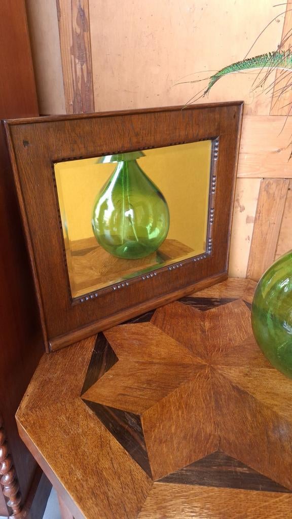 Vintage brocante spiegel, Amsterdamse school stijl, eiken, Minder dan 50 cm, Gebruikt, Vintage, Ophalen of Verzenden