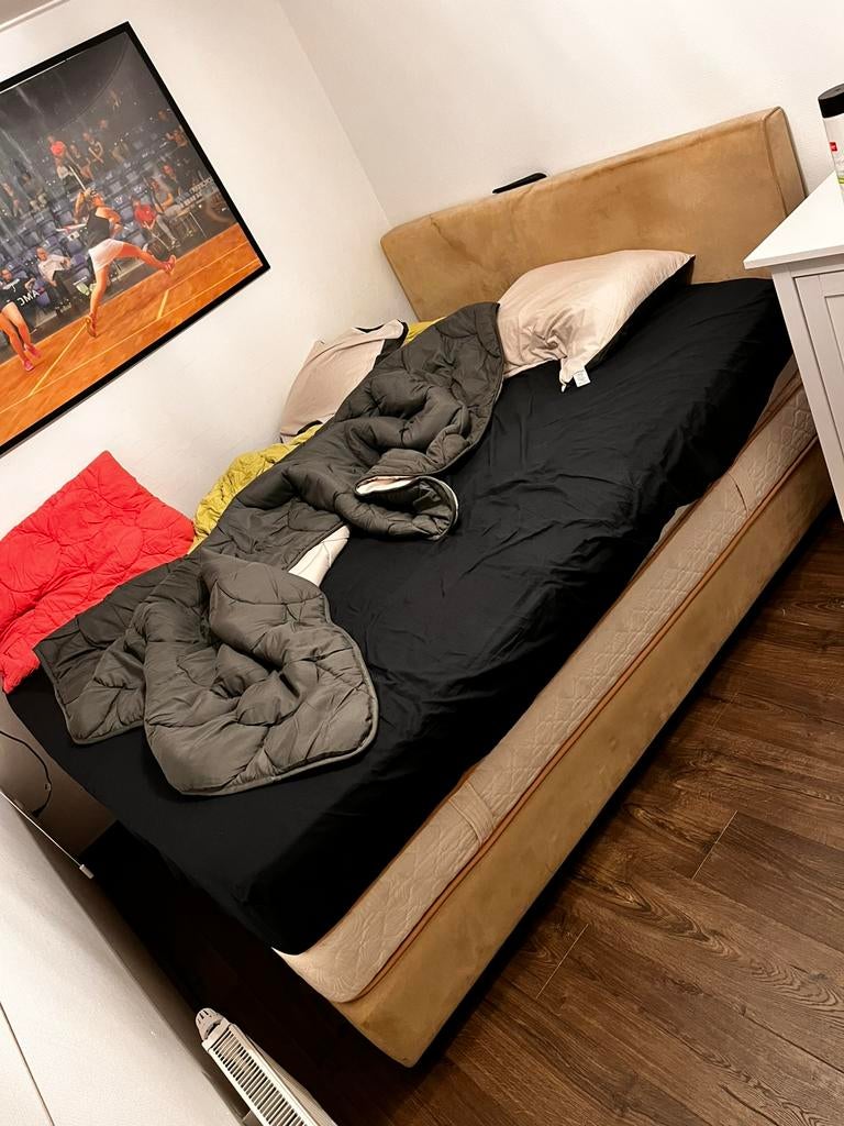 Tweepersoons boxspring incl. hoofdbord, 2 matrassen + topper, Ophalen, Gebruikt, Beige, Tweepersoons