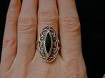 Zilveren 925 zilver ring ovaal opengewerkt met onyx 16.25, Verzenden, Zwart, Nieuw, Kleiner dan 17