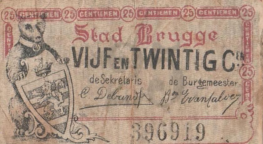 STAD BRUGGE VIJF EN TWINTIG CENTS KASBON 01-06-1915, Postzegels en Munten, Bankbiljetten | België, Ophalen of Verzenden, Los biljet