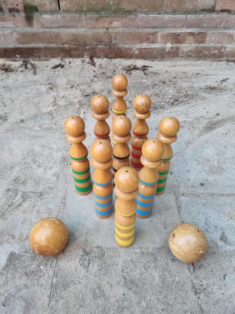 Vintage Houten Kegelspel - 8 Kegels (24cm), 2 Ballen, Ophalen of Verzenden