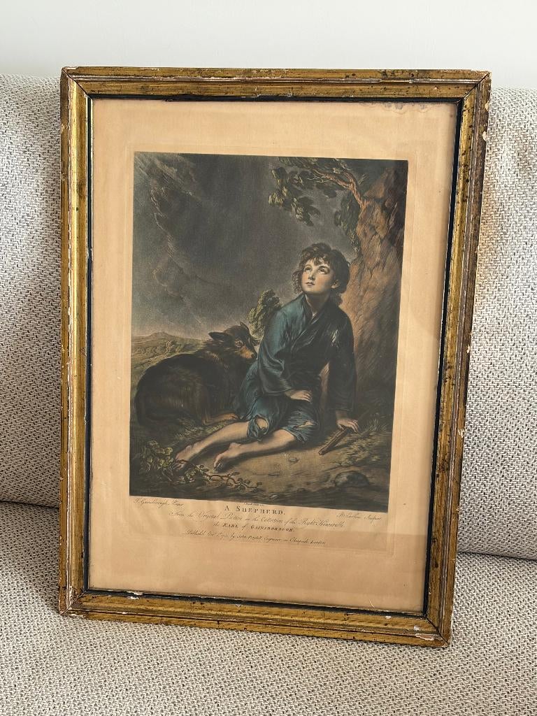 Antieke prent "A Shepherd", ingelijst, Antiek en Kunst, Ophalen