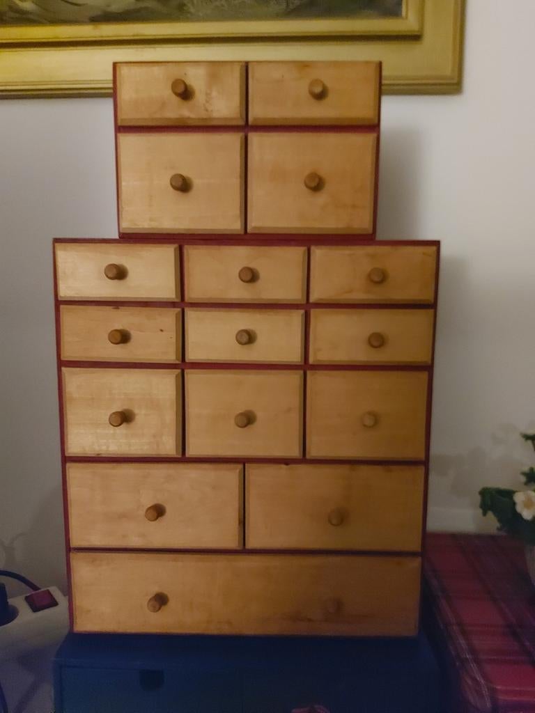 Vintage 2 houten ladenkastje  = 12 + 4 lades Hobby Atelier, Ophalen, Minder dan 50 cm, Gebruikt, 5 laden of meer