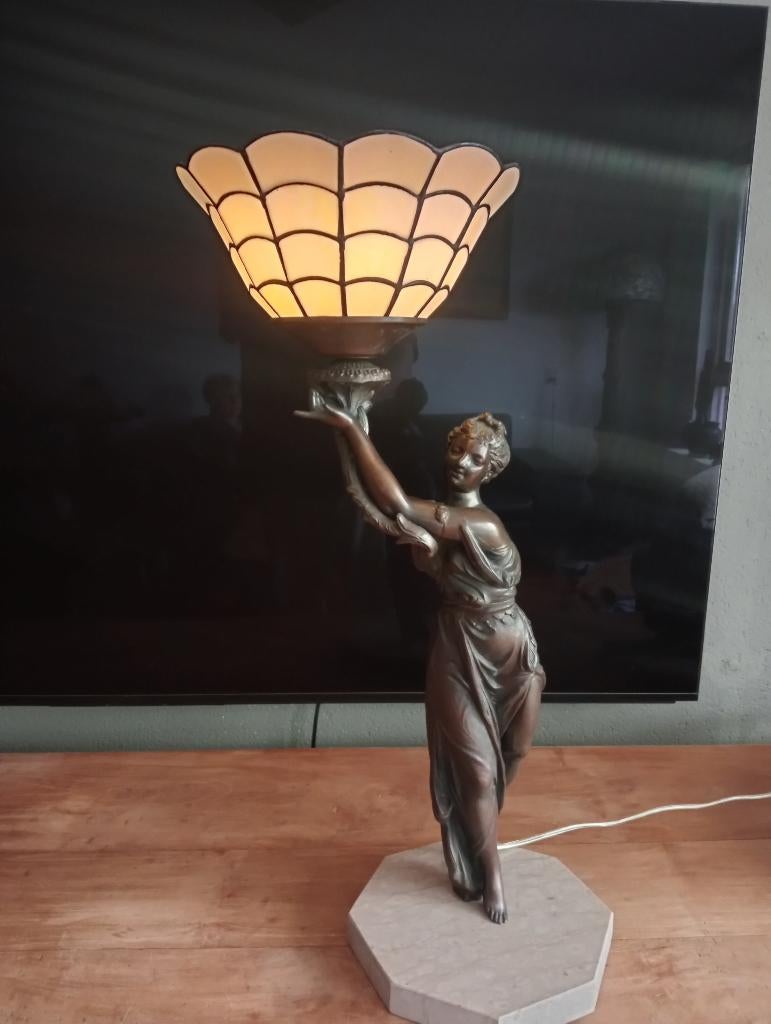 Tiffany art deco nouveau beeld lamp bronzen marmeren, Antiek en Kunst, Ophalen