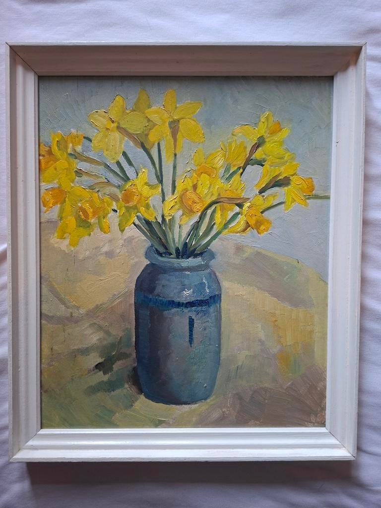 Schilderij met narcissen in vaas 50x42, Antiek en Kunst, Ophalen