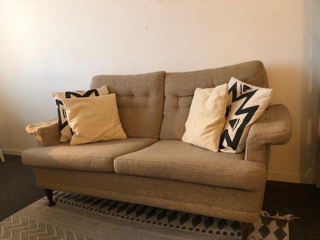 Retro vintage bank beige, Ophalen, Gebruikt, 125 cm of meer, Stof