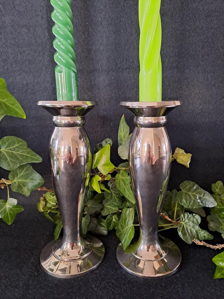 2 Klassieke kandelaars van verzilverd metaal, Ophalen of Verzenden, Metaal, Minder dan 25 cm