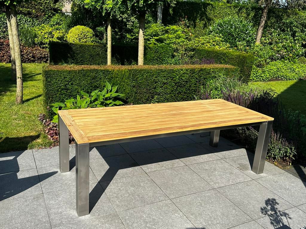 Blikvanger hoogwaardig RVS Tuintafel Teak Blad, Tuin en Terras, Tuintafels, Nieuw, Rechthoekig, Rvs, Ophalen of Verzenden