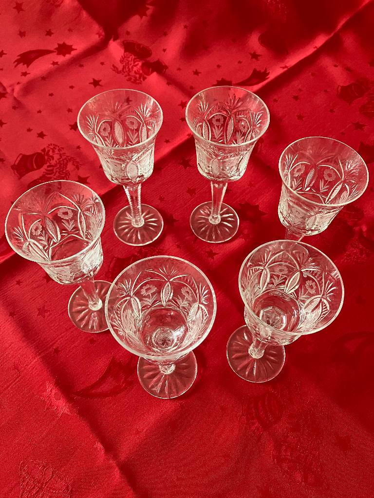 6 x brocante geslepen kristallen wijn/port/sherryglazen, Ophalen of Verzenden, Zo goed als nieuw, Borrel- of Shotglas