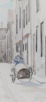 Aquarel , straatje met man en handkar, Antiek en Kunst, Ophalen of Verzenden