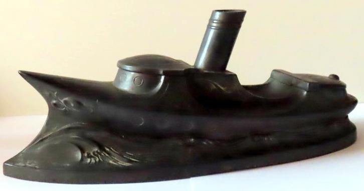 Uit inboedel: Aparte tinnen bureau inktstel stoomschip, incl, Antiek en Kunst, Antiek | Kantoor en Zakelijk, Verzenden