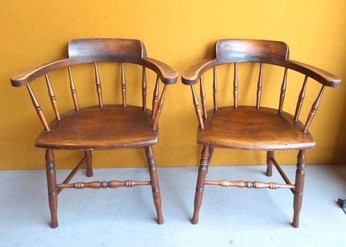 Set van 2 vintage Engelse stoelen met armleggers, antiek, Huis en Inrichting, Stoelen, Gebruikt, Twee, Hout, Bruin, Ophalen of Verzenden