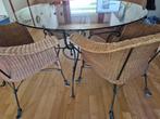 Ronde glazen eettafel met gietijzeren onderstel + 4 stoelen, Huis en Inrichting, Tafels | Eettafels, Ophalen, Gebruikt, Rond, Glas