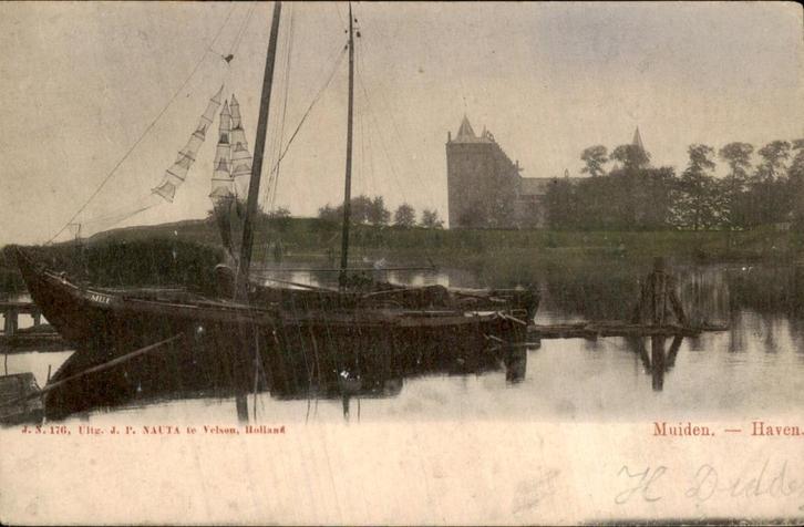 Muiden - Haven - Schip, Verzamelen, Ansichtkaarten | Nederland, Gelopen, Noord-Holland, Voor 1920, Ophalen of Verzenden