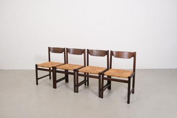 Mid-century wengé eetkamerstoelen met rotan zitting beschikbaar voor biedingen