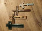 4 kruizen Jezus religieuze glas hout koperkleur zilverkleur, Ophalen, Zo goed als nieuw