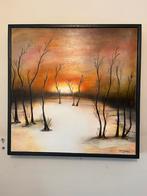 Schilderij ondergaande zon in sneeuw landschap, Ophalen of Verzenden