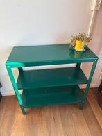 Groene metalen bijzettafel met 3 planken, Huis en Inrichting, Ophalen, Gebruikt, Minder dan 50 cm, Rechthoekig
