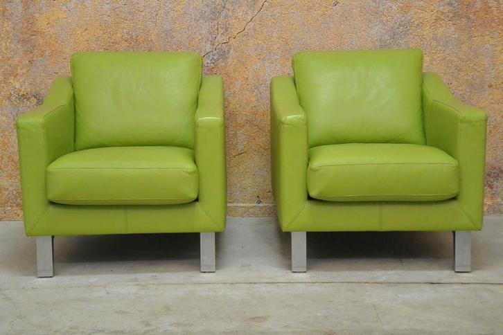 ZGANieuw! 2 groene leren Leolux Antonia design fauteuils!, Huis en Inrichting, Fauteuils, Zo goed als nieuw, Leer, Metaal, 75 tot 100 cm