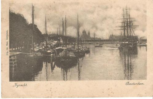 Amsterdam IJgracht vol schepen ca 1900, Verzamelen, Scheepvaart, Zo goed als nieuw, Kaart, Foto of Prent, Zeilboot, Verzenden