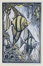 Jan Schonk art deco houtsnede van maanvissen vissen, Ophalen of Verzenden