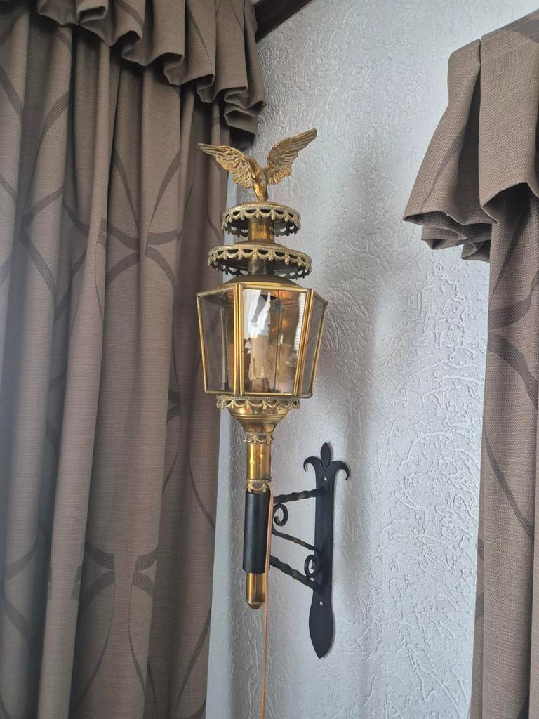 Ouderwetse Wandlamp met Adelaar koper, Ophalen of Verzenden, Gebruikt, Glas, Vintage