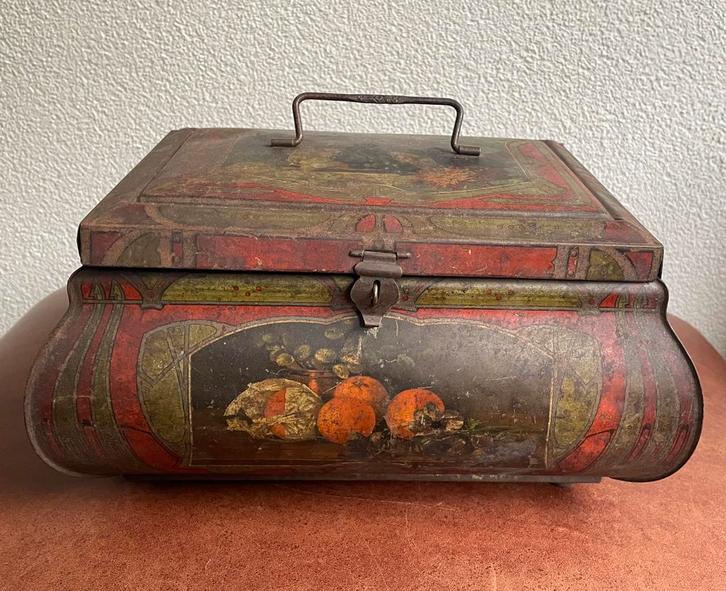 Groot antiek blik met afbeeldingen fruit, Verzamelen, Blikken, Gebruikt, Overige, Ophalen of Verzenden