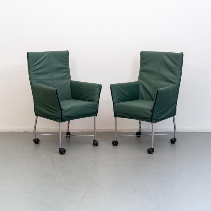 8 Montis Chaplin (eetkamer) stoelen groen leder - rvs wiel, Huis en Inrichting, Banken | Voetenbanken en Poefen, Zo goed als nieuw