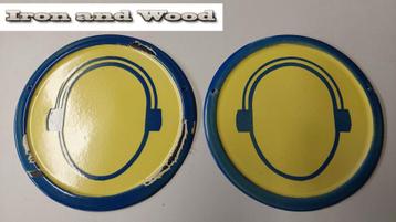 Emaille geel rond oud wandbord - koptelefoon doorsnee 25 cm beschikbaar voor biedingen
