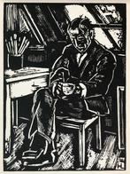 Hans Lasser (1891-1932) Houtsnede ‘Kunstenaar met hond' ~192, Antiek en Kunst, Verzenden