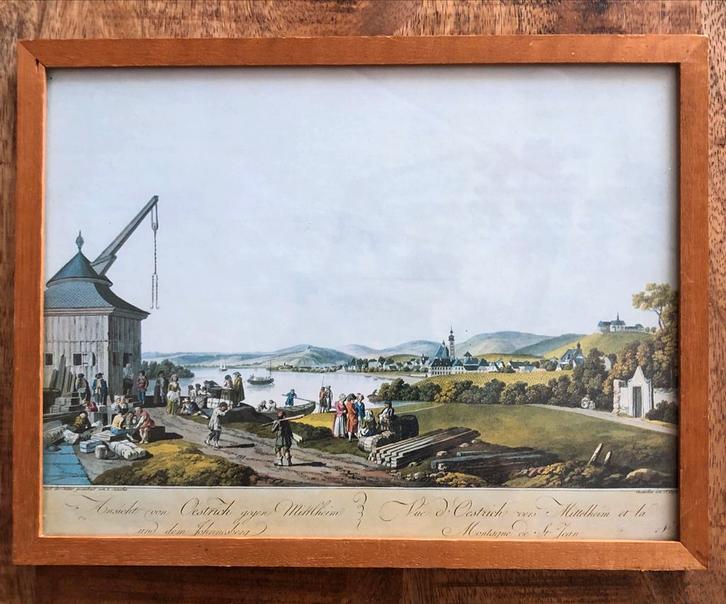 Oude prent: Zicht op Oestrich tegen Mittelheim, Antiek en Kunst, Kunst | Etsen en Gravures, Ophalen of Verzenden