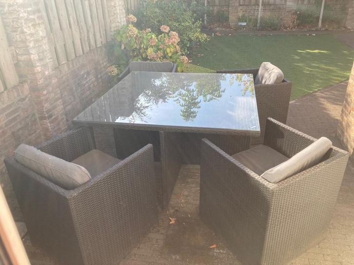 Wicker tuinset grijs, 4 stoelen, incl kussen gratis, Tuin en Terras, Tuinsets en Loungesets, Gebruikt, Tuinset, Wicker, 4 zitplaatsen