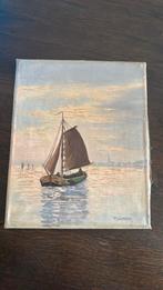 Charmant schilderij van Boot op meer. T. Openneer, Ophalen of Verzenden, Gebruikt, Zeilboot, Kaart, Foto of Prent
