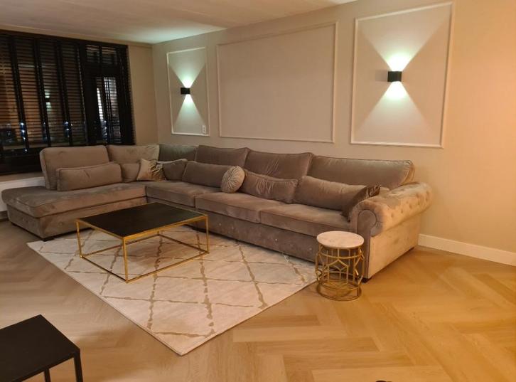 Hoekbank beige, Huis en Inrichting, Banken | Bankstellen, Gebruikt, Hoekbank, Vierpersoons of meer, 300 cm of meer, 75 tot 100 cm